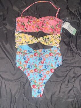 Altar'd State Floral Cutout One-Piece Swimsuit in Pink, Yellow & Blue